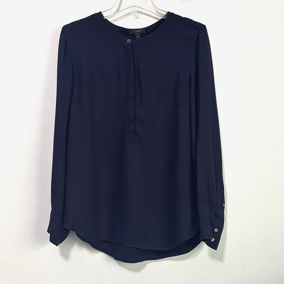 J Crew Drapey Henley Tunic Top Popover Blouse 12 Navy Blue Work Long Sleeve - Picture 1 of 9
